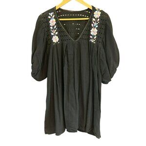 Bohemian Black Crocheted Floral Embroidered Blouse Micro Mini Dress Festival